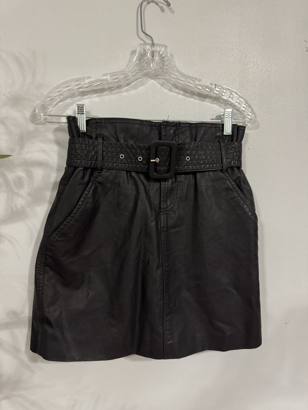 Blanck New York Preppy City Black Faux Leather Belted Mini Paper Bag Skirt 26